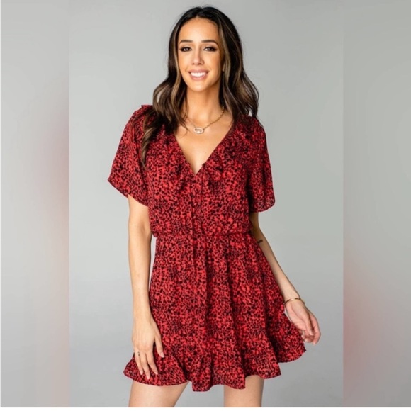 Buddy Love Red Cheetah print Trixie Ruffled Mini Dress Medium - Picture 10 of 11